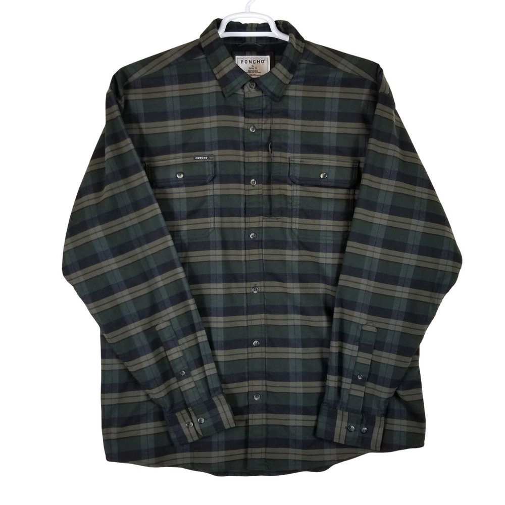 Poncho Button Down Shirt Men XL Green Plaid Magnetic Pockets Performance Stretch